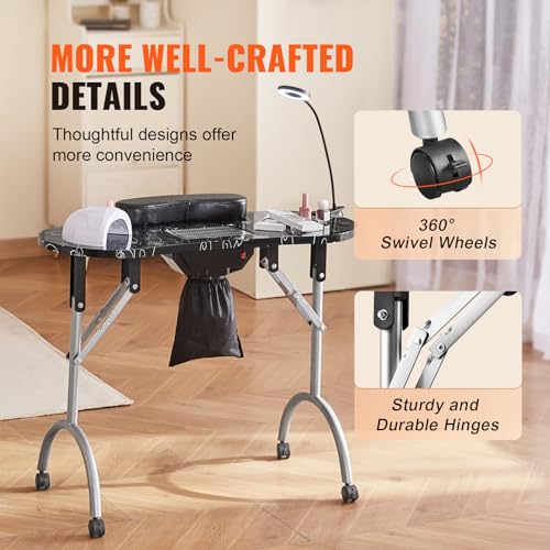 VEVOR Portable Manicure Table, Foldable Nail Table with Electric Dust Collector, Moveable Nail Tech Desk & 4 Wheels, 3 Dust Bags, Bendable LED Lamp, VEVOR