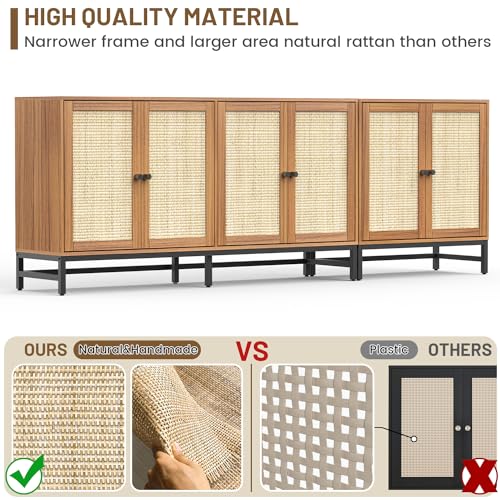 ZLWJGY Rattan Buffet Cabinet with Storage, 90.5" Large Sideboard Accent Cabinets with 6 Doors, Mid Century Modern Console Table Cabinet for Kitchen, Living Room and Dining Room, Walnut ZLWJGY