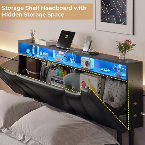 DICTAC Full Size Floating Bed Frame with led Lights & Storage Headboard Full Led Visual Floating Bed with Outlets Faux Leather Upholstered Platform Bed with Hidden Storage,No Box Spring Needed,Black DICTAC