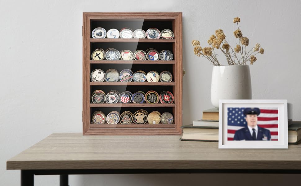 ASmileIndeep Military Challenge Coin Display Case Holder Shadow Box Solid Wood for Wall Mounted with HD Glass Door Military Coin Rack with Removable ASmileIndeep