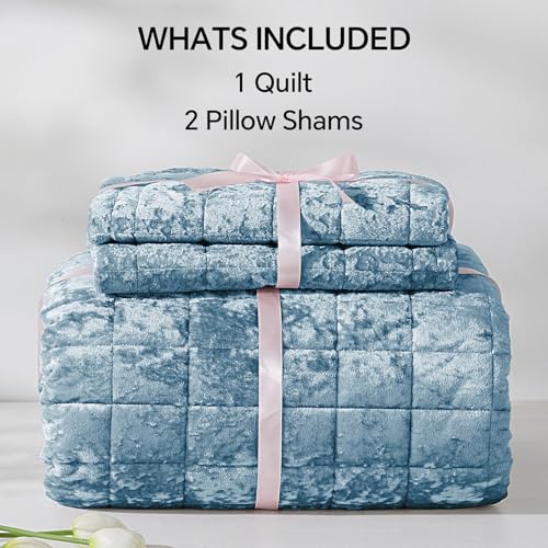 BEDELITE Velvet Quilt Set King Size - Luxury Velvet Comforter Bedding Set 3 Pieces, Soft Cozy Shiny Dusty Blue Oversized Bedspread Coverlet for All Seasons with 2 Pillow Shams BEDELITE