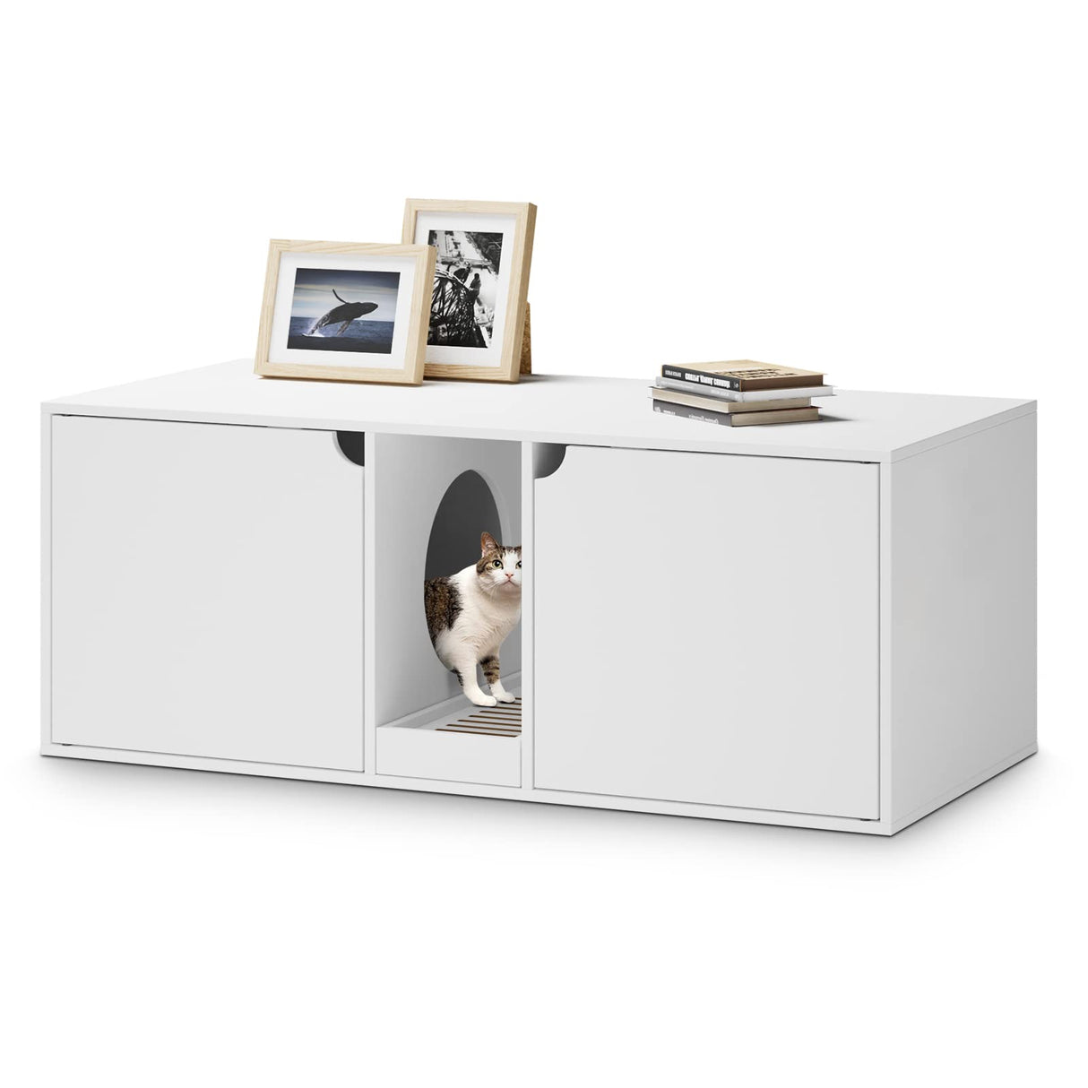 DAWNSPACES Cat Litter Box Enclosure for 2 Cats, Modern Wood Stackable Large Cat Washroom Storage Cabinet Bench End Table Furniture,with Removable Litter Box, White DAWNSPACES