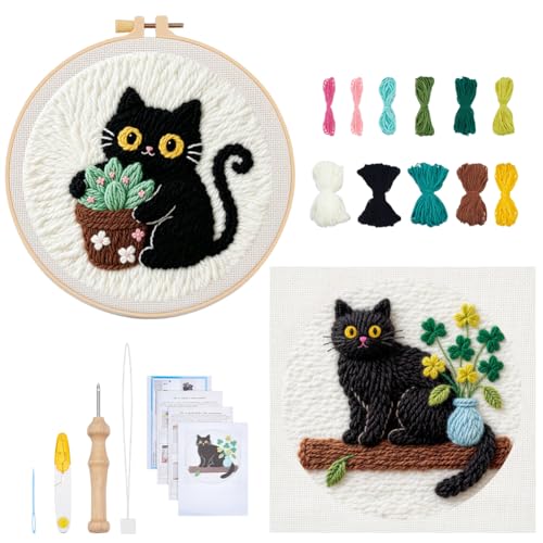 BEUNITONE 2PCS Cat Punch Needle Kit for Adults Beginners, Complete Craft Embroidery Needlepoint Kits with Hoop and Instructions, Punch Needle Starter Craft Set for Home Decor, Festival Gift 20x20cm