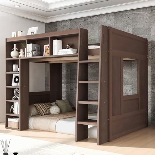 Merax Queen Size Loft Bed with Storage - Wooden High Sleeper Bed with 3 Cabinets & 5 Shelves, Heavy Duty Study Desk Space, Space Saving Bed for Kids Teens, Small Bedroom, Dorm Room, Brown Merax