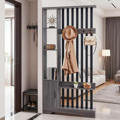 Room Divider with Shelves, Wall Room Divider Bookshelf, Freestanding Wood Privacy Screen with Storage Cabinet, Coat Rack, Display Shelf for Living Room Separation, Home Office Decorative