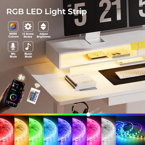 GTPLAYER Electric Standing Desk with Drawers, 48 x 24 Inch Height Adjustable Gaming Desk with Monitor Stand, Power Outlets & LED Lights, Home Office Sit Stand Up Desk with Memory Preset (White) GTPLAYER