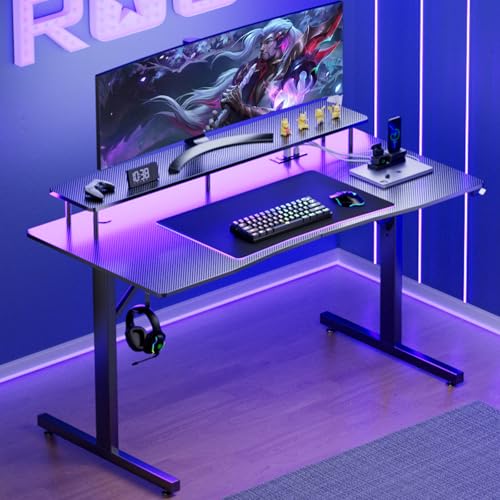 GTPLAYER 55 Inch Gaming Desk with LED Lights & Power Outlet, Computer Gamer Desk with Monitor Stand, Ergonomic Carbon Fiber Gaming Table Home Office Desk with Headphone Hook & Mouse Pad GTPLAYER