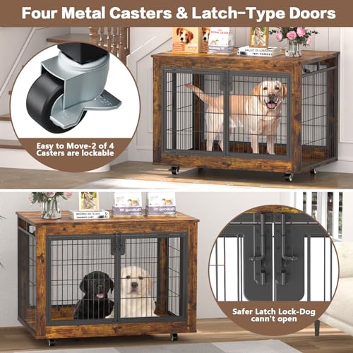 EasyCom Large Dog Crate Furniture, 41.33" Extra Large Dog Kennel Indoor with Top-Access Teasing/Feeding Door, Spacious Dog Crates for Large Dogs, Furniture-Style Dog Cage with Wheels Dog Crate Table EasyCom