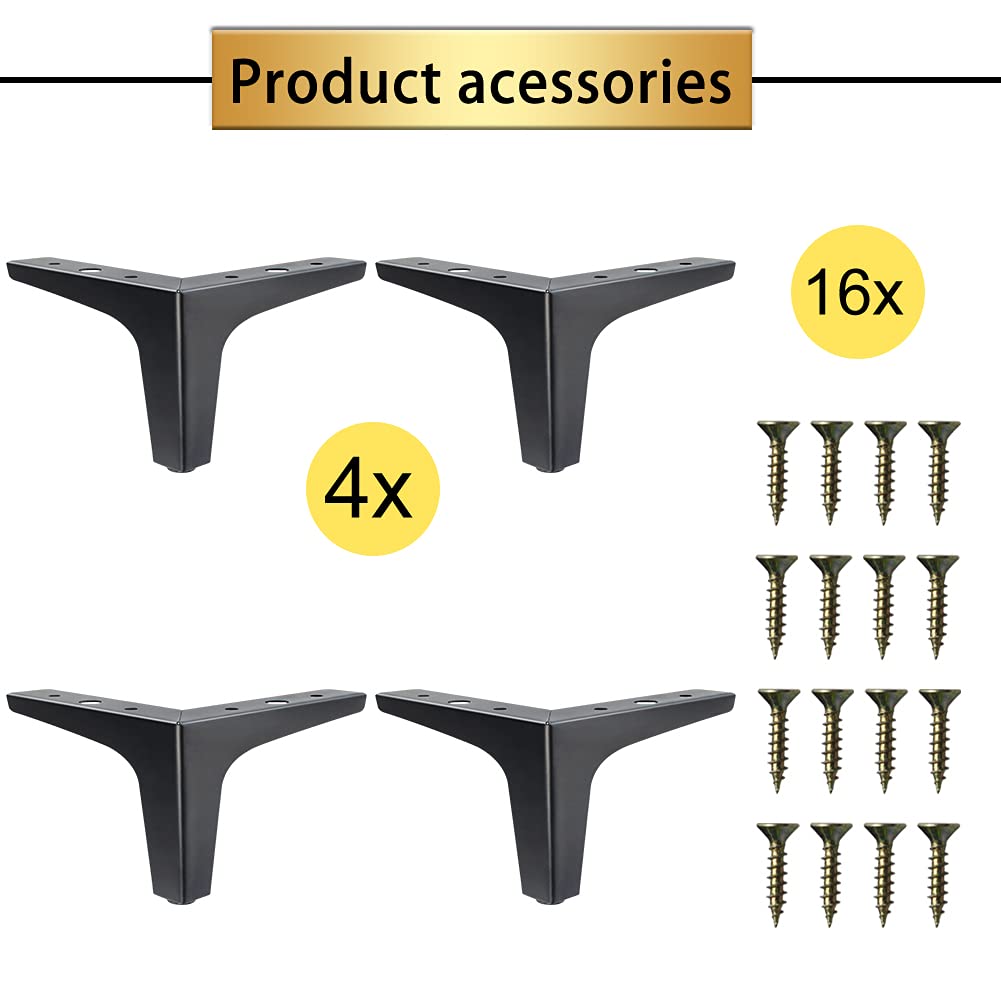 GOSCHE 4 Inch Metal Furniture Legs Black, Legs for Furniture Set of 4, Modern Style Replacement Couch Legs for Dresser Chair Bed Cabinet Table Ottoman Cupboard DIY Replacement Sofa Feet GOSCHE