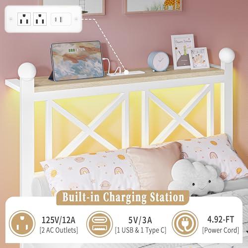 DynJest Twin White Bed Frame with Headboard and Footboard, Storage Shelf with LED Lights and Charging Station, Strong Metal Slats Support, No Box Spring Needed, Under Bed Storage, Easy Assembly DynJest