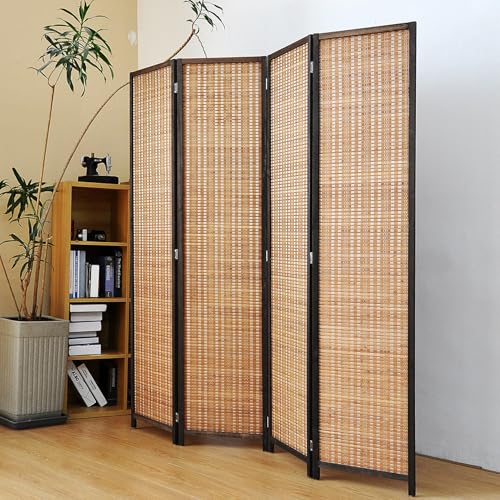 Pawlabay 4 Panel Bamboo Room Divider Screen,5.6 FT Tall Bamboo Divider Folding Panel Screen,Freestanding Panel Divider for Room Seperation,Brown PawlaBay