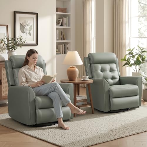 choairy Swivel Rocker Recliner Chair for Adults, Recliner Chairs for Small Spaces, Faux Leather Manual Reclining Sofa Chair, Comfy Soft Nursery Rocking Chair for Living Room, Olive Green