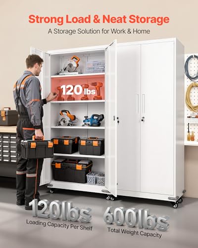 VEVOR Metal Storage Cabinet, 72.6 in Rolling Steel Garage Cabinet with 4 Adjustable Shelves, 2 Magnetic Doors & 2 Keys, 5 Tiers Lockable Tool Storage for Pantry, Warehouse, Basement, Office, White VEVOR