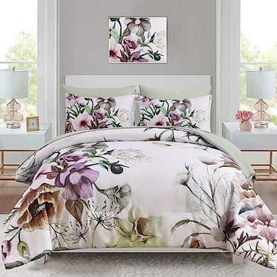 Luxudecor Floral Comforter Set Twin Size 5 Piece, Green Flower Bed in a Bag, Elegant Floral Comforter with Sheet Set, Soft Microfiber Bedding Set for All Season (Green, 68"x86")