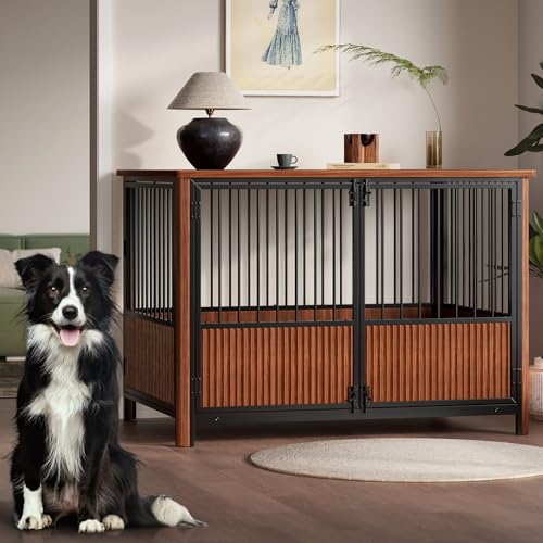 Zivanti 43'' XL Fluted Large Dog Crate Furniture with 3 Doors, Modern Indoor Decorative Dog Crate End Table, Wooden Dog Kennel Cage for Medium to Large Dogs, Walnut Zivanti