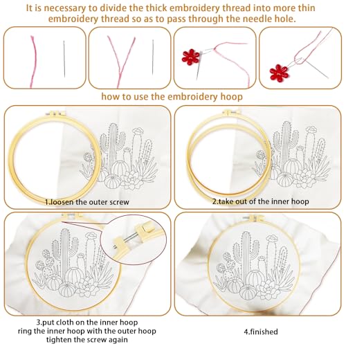 BEUNITONE Cactus Embroidery Kit for Beginners, 6PC Succulent Plant Themed Needlepoint Kits for Adults with Hoops, Threads, Needles, Instructions and Full Kits, DIY Home Decor Craft Gift for Adults