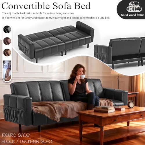 HMHKHN Comfy Faux Leather Couch for Chill Office Lounge, Adjustable Backrest, Convenient Side Pockets, Home-Ready Space-Saving Mid Century Modern Futon Sofa Bed (Black) HMHKHN