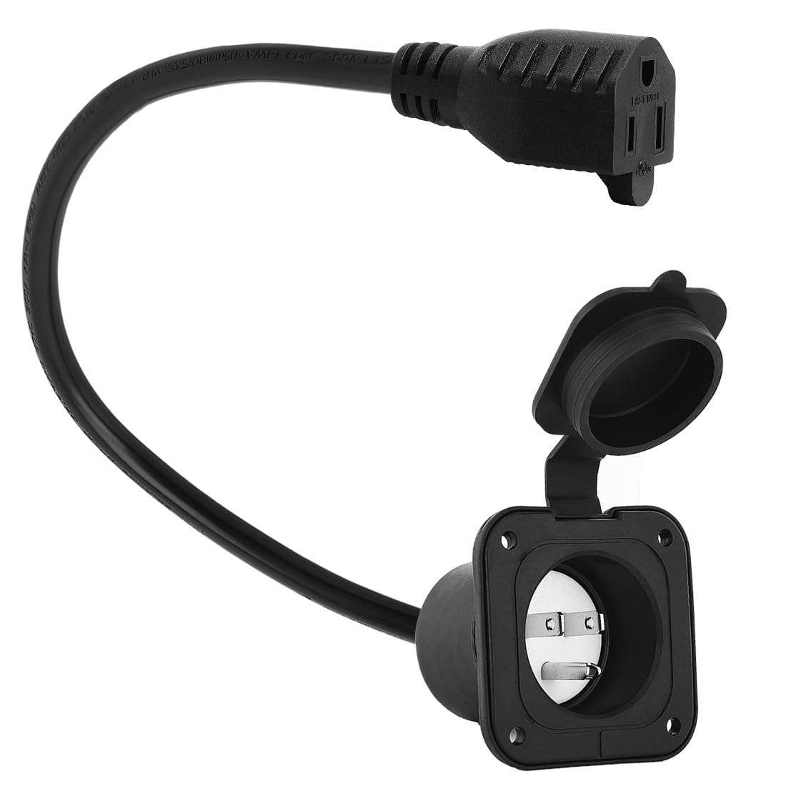 DEALTUS Household 15AMP 125V Flanged Power Inlet with Waterproof Cover, Nema 5-15P Male Flanged Inlet to 5-15R Female Extension Cord for RV EV, 1.8 Feet (55CM) ETL Verified DEALTUS