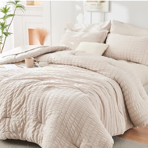 HYMOKEGE Beige Full Size Comforter Sets Seersucker 7 Pieces, All Season Luxury Bed in a Bag for Bedroom, Bedding Set with Comforters, Sheets, Pillowcases & Shams HYMOKEGE