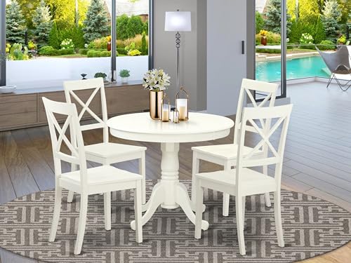 East West Furniture ANBO5-LWH-W 5 Piece Dinette Set for 4 Includes a Round Kitchen Table with Pedestal and 4 Dining Chairs, 36x36 Inch, Linen White East West Furniture