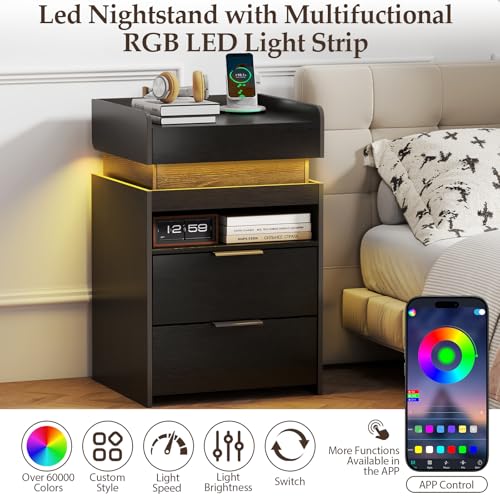 Turosur Black Night Stand with Charging Station,Wood Nightstand with 2 Drawers Modern Style, LED Lights Wooden End Tables with Sliding Top Open Storage Shelf Bedside Table for Living Room Bedroom Turosur