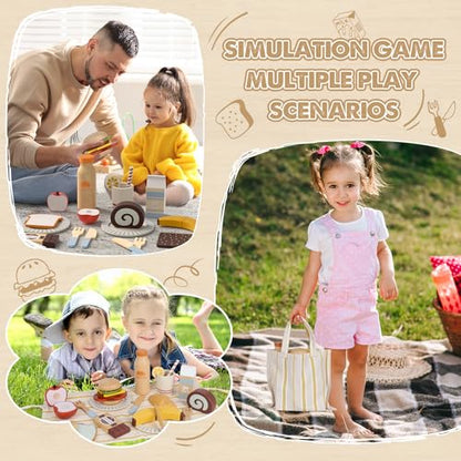 Wooden Play Food Sets for Kids Kitchen, Lehoo Castle Food Toys for Toddlers 3-5, Pretend Picnic Play Set, Cutting Food Toys, Gift for Girls Boys 3 4 5 6