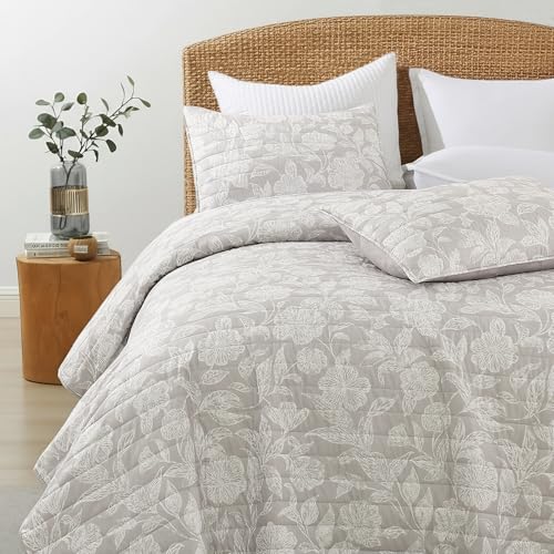 HORIMOTE HOME Floral Quilt Set King Size 3 Pieces, Taupe Flower Fine Printed Reversible Botanical Bedspreads Bedding Sets, Soft and Lightweight Bed Coverlet for All Season HORIMOTE HOME