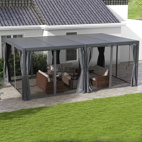Outsunny 12' x 19' Louvered Pergola Hardtop Gazebo with Adjustable Aluminum Roof and Frame, Outdoor Pergola with Curtains and Netting, for Garden, Lawn, Backyard, and Deck, Dark Gray Outsunny