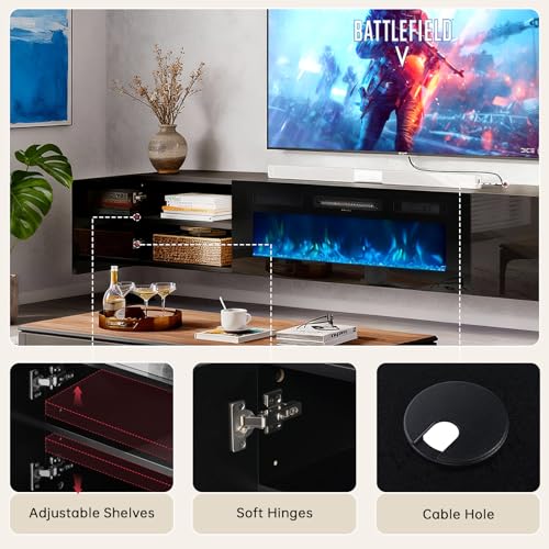 OneBlis 70'' Floating TV Stand with 36" Electric Fireplace, Wall Mounted Entertainment Center with Storage for TVs up to 80", Adjustable 12-Color LED Media TV Console for Living Room,All Black OneBlis