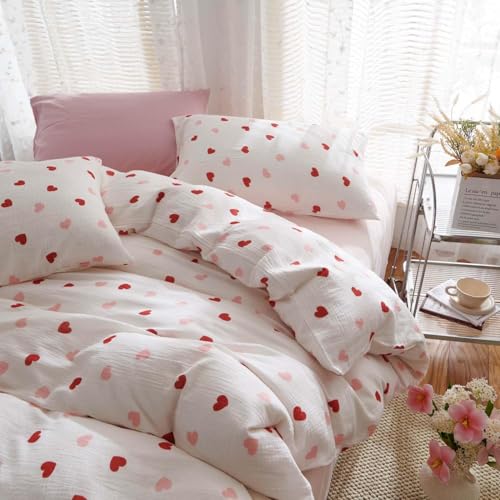 Bildenly Heart Comforter Set Full Size 3 Pieces Red Pink Heart Comforter Bedding Set for Girls Kids Cute Love Hearts Bed in A Bag Bedding with 2 Pillowcases for All Seasons Bildenly