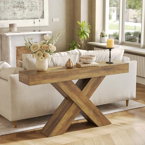 LITTLE TREE Console Table, 55-Inch Entryway Table, X-Shaped Design Narrow Console Table, Sofa Table for Living Room Foyer Hallway, Entryway, Entrance, Foyer, Industrial Wooden, Rustic Brown LITTLE TREE