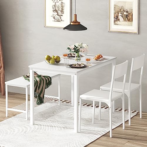 soges 4 Person Dining Table Set,43.3 inch Kitchen Table Set for 4,2 Chairs with Backrest,2-Person Bench with Storage, White Rack,Nesting Furniture Set for Dining Room and Restaurant, White soges