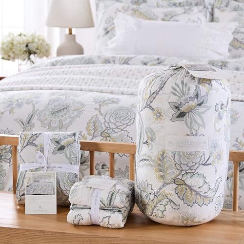 Levtex Home Ophelia Spa Reversible Full/Queen Comforter Set (90x94in) with 2 Pillowcases (26x20in) - Bedding - Blue, Yellow, White - Rayon Full/Queen Size Comforter Set - Lightweight, Soft, Pre-Washed Levtex Home