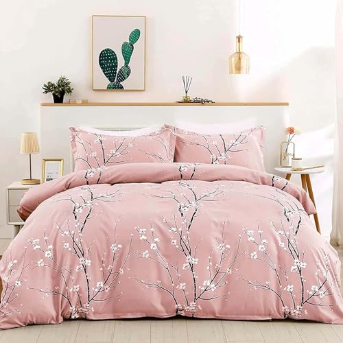 WONGS BEDDING Pink Floral Duvet Cover Set Twin,Reversible Flower Bedding Set with 1 Pillowcase, Pink Plum Flower Pattern Comforter Cover Set with Zipper Ties Soft Microfiber 68"x86"(Not Comforter) WONGS BEDDING