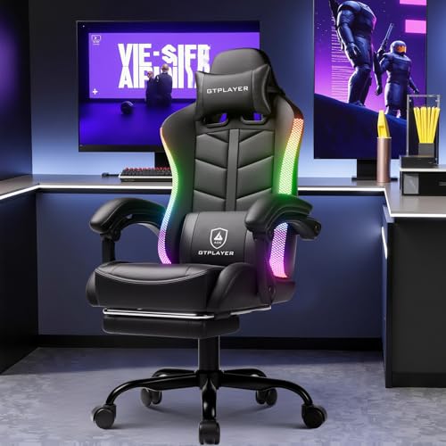 GTPLAYER RGB Gaming Chair with Footrest, Computer Gaming Chair with LED Lights for Adults, Height Adjustable PC Gamer Chair with 90-155° Recline & Removable Headrest Lumbar Support, RGB Black GTPLAYER