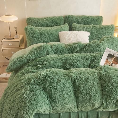HAIHUA Faux Fur Sage Green Comforter Cover Queen Set, Soft Fluffy Shaggy Sage Green Bedding Queen Set 3 Pieces (1 Fuzzy Duvet Cover + 2 Plush Pillow Cases) Furry Bed Set, Zipper Closure HAIHUA