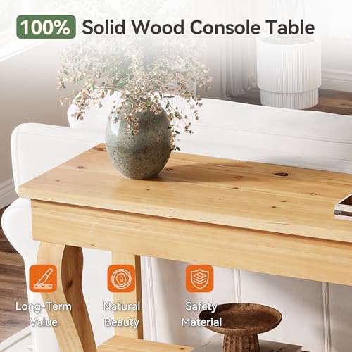 TRIBEWOOD Solid Wood Console Table for Entryway, 63-Inch 3-Tier Sofa Table Behind The Couch with Storage, Farmhouse Entryway Furniture for Living Room, Foyer, Hallway, Natural Wood TRIBEWOOD