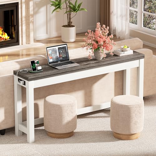 Cyclysio 63" Console Tables for Entryway, Long Console Tables for Living Room, Behind Couch Table, Sturdy Wood Support Farmhouse Entryway Table with 3AC+2USB Charging Station, Oak Grey Cyclysio