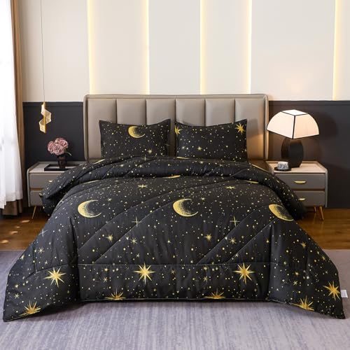 Caressma Black Comforter Moon Star Teen Boy Girl Galaxy Bedding Microfiber Twin Size Set 2 Pieces for All Seasons with Pillowcase Caressma