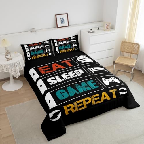 Boys Gaming Comforter Sets for Kids Twin Size Gamer Bedding Set Teens Video Games Comforter Duvet Room Decor Funny Creative Eat Sleep Game Repeat Design Reversible Inner Fill Quilt Set All Season Feelyou