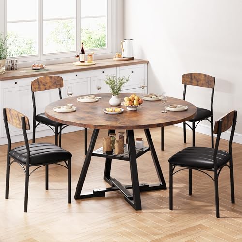 Round Dining Table Set for 4, Kitchen Table and Chairs for 4, Circle Table Round Pedestal Dining Room Dinner Dinette Table Set,5 Piece Space Saving Wood Kitchen & Dining Room Tables Set Furniture Jocoevol