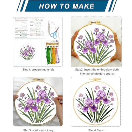 Zhenqing 4 Pack Floral Embroidery Kit, Iris Chrysanthemum Peach Blossom Peony Set with Bees, Beginner Craft Set with 20cm Hoop, Printed Designs on 29x29cm Cotton Fabric, DIY Nature Wall Art (JC0208)