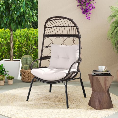 Tangkula Narrow Wicker Egg Chair Outdoor, Patio Rattan Lounge Basket with Seat & Back Cushions, Metal Indoor Outdoor Leisure Sofa Cocoon Chair for Bedroom, Backyard, Balcony, 400 lbs Max Load Tangkula
