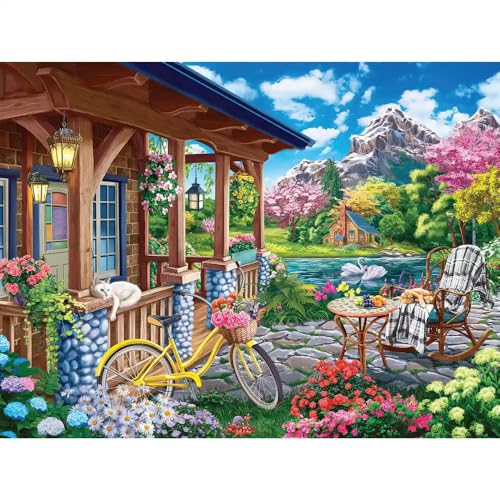 Bits and Pieces - 1000 Piece Jigsaw Puzzle for Adults - 20" x 27" - Colorful House Near The Lake - 1000 pc Mountainside Retreat Spring Jigsaw Bits and Pieces