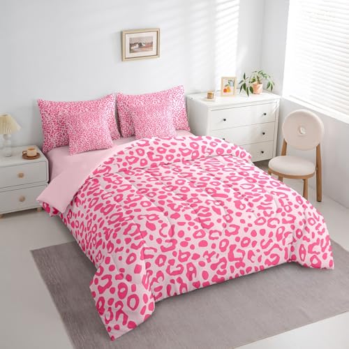 Feelyou Cute Leopard Bedding Set for All Season Cheetah 7 Pieces Comforter Sets Full Size Teens Room Decor Pink Animal Print Bed in a Bag with Comforter, Sheets, Pillowcases & Cushion Cover Feelyou