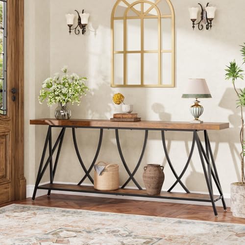 JUSTOGO 70.9" Narrow Console Table for Entryway, Industrial Long Sofa Table Behind Couch, Farmhouse Hallway Table with Storage for Living Room, Entrance, Foyer, Rustic Brown JUSTOGO
