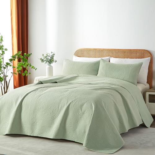WURUIBO Twin Quilt Set Sage Green,Ultrasonic Embossed Bedspread, Lightweight Microfiber Coverlet, Modern Thin Bedding Set for All Season, 2 Piece(1 Quilt,1 Pillow Shams) WURUIBO