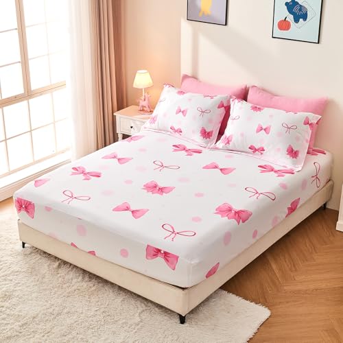 Wajade 7 Piece Pink Bow Bedding Set for Girls Kids Twin Size Comforter Set with Sheet and 2 Pillowcases 2 Pillow Shams Cute Girls Bed in a Bag as Birthday Choice Wajade