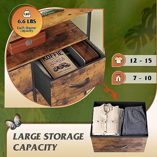 WLIVE Fabric Dresser for Bedroom with Open Shelves, Tall Dresser with 8 Drawers, Storage Tower with Fabric Bins, Chest of Drawers for Closet, Hallway, Rustic Brown Wood Grain Print WLIVE