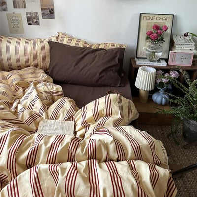 mixinni Retro Striped Duvet Cover Set King - 100% Natural Cotton 3-Piece Vintage Red Stripes Pattern Printed Bedding Set, Soft Breathable Comforter Cover with Zipper Closure & Corner Ties, King Size